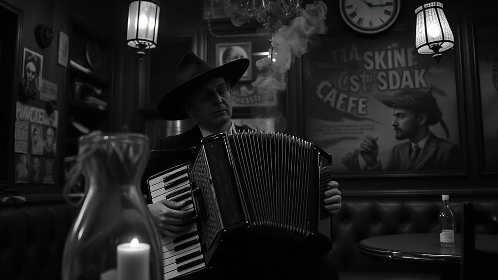 Picture a grainy, black and white film still of a bizarre accordionist playing a style that creates a ...  by @blenta
