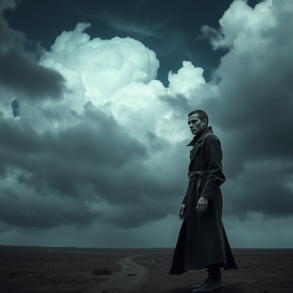 Desolate Figure in Grey Landscape: Atmospheric Art