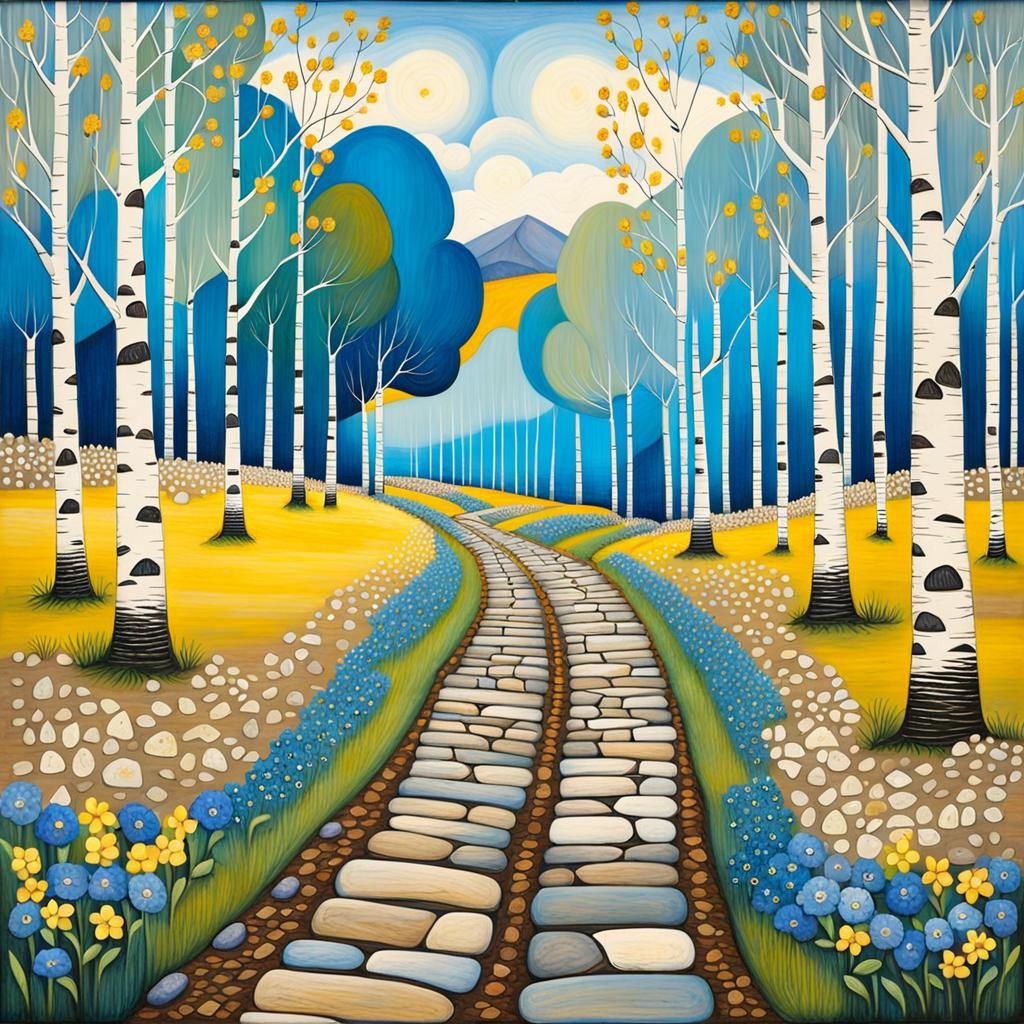 beautiful landscape of birch trees, a road paved with stones...