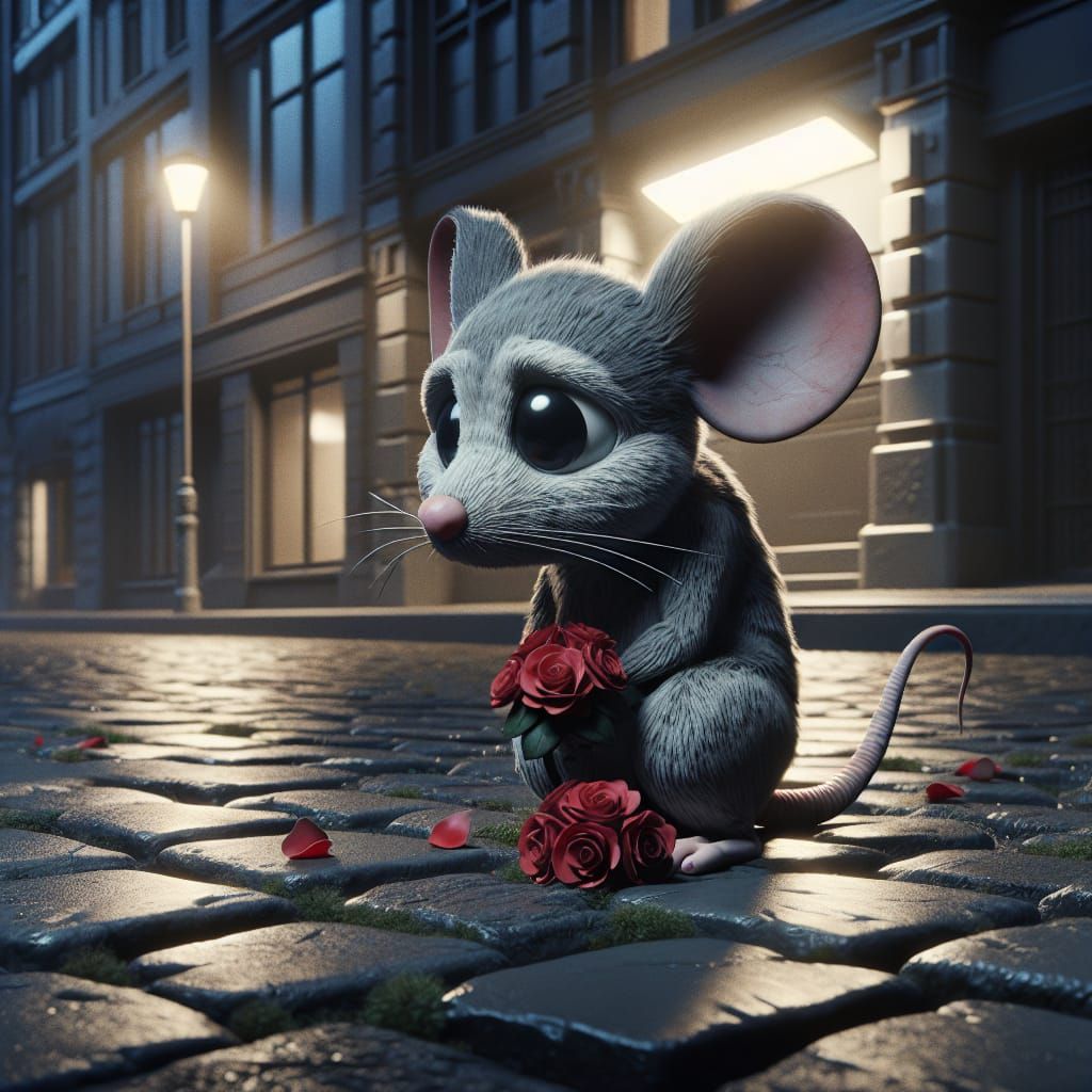 Cartoon Mouse Anxiously Awaits Date with Roses