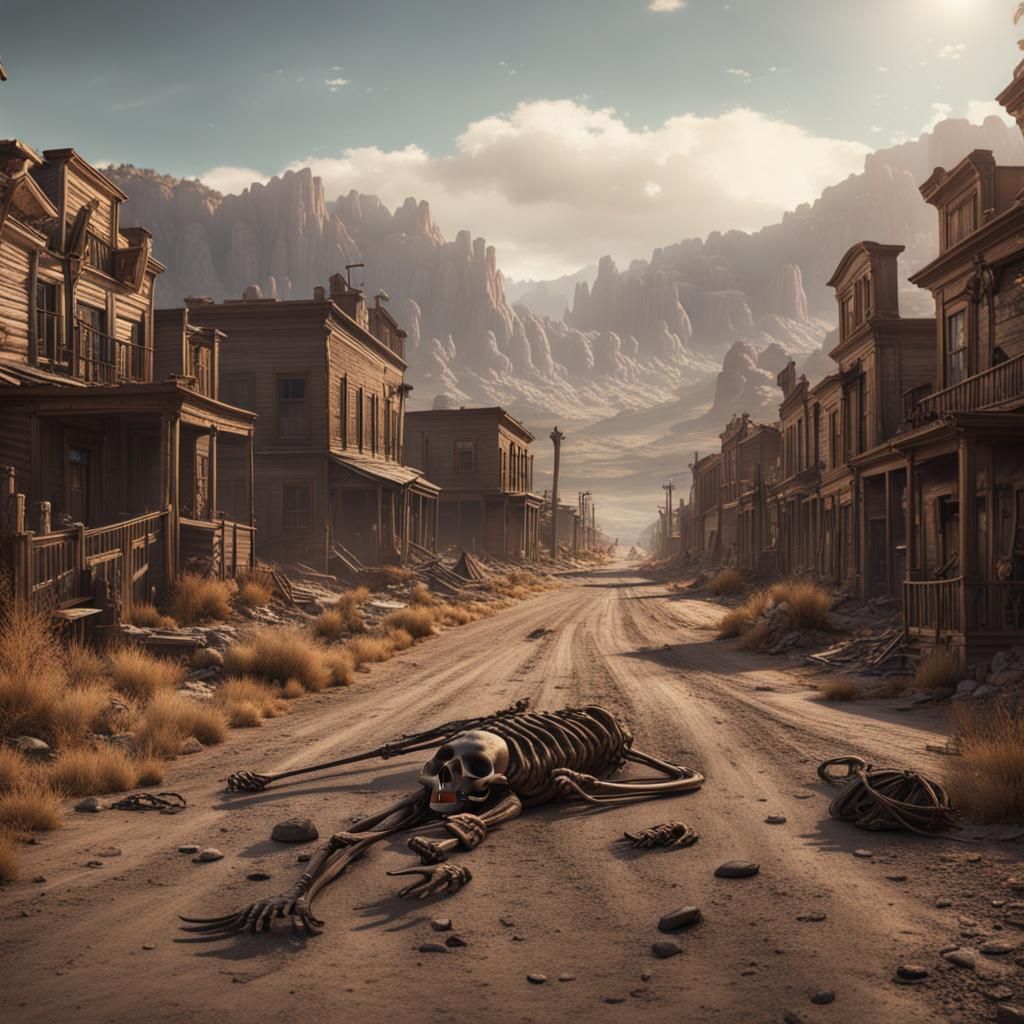 A valley with a abandoned old west town Skeletons lay on the...
