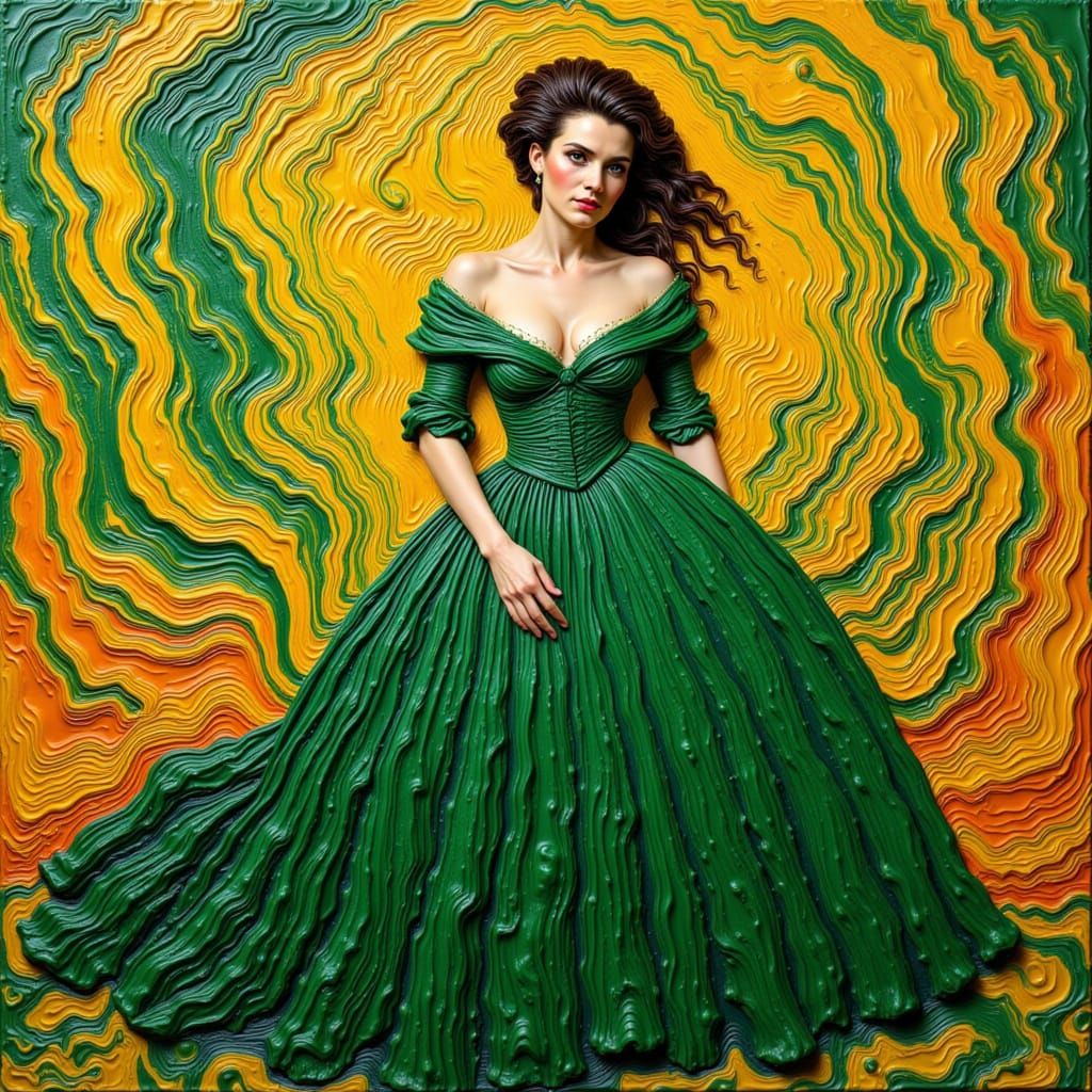 <lora:Waxy van gogh v1:1.0> Hyper-realistic portrait of Scarlett O'Hara from Gone with the Wind, wearing an opulent green velvet ball gown w...