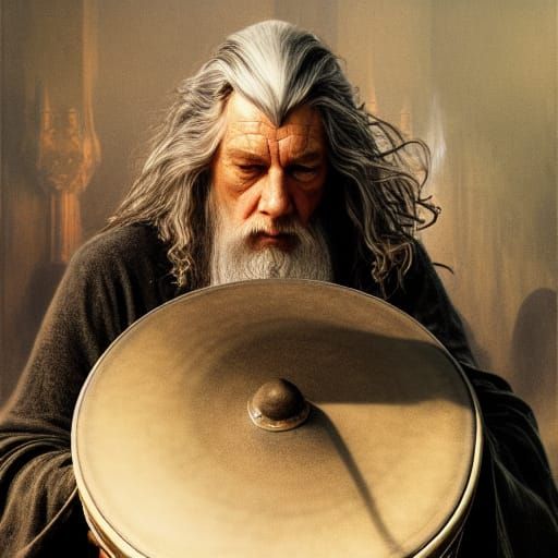 Lord of the STRINGS Gandalf sets up his drum kit AI Generated