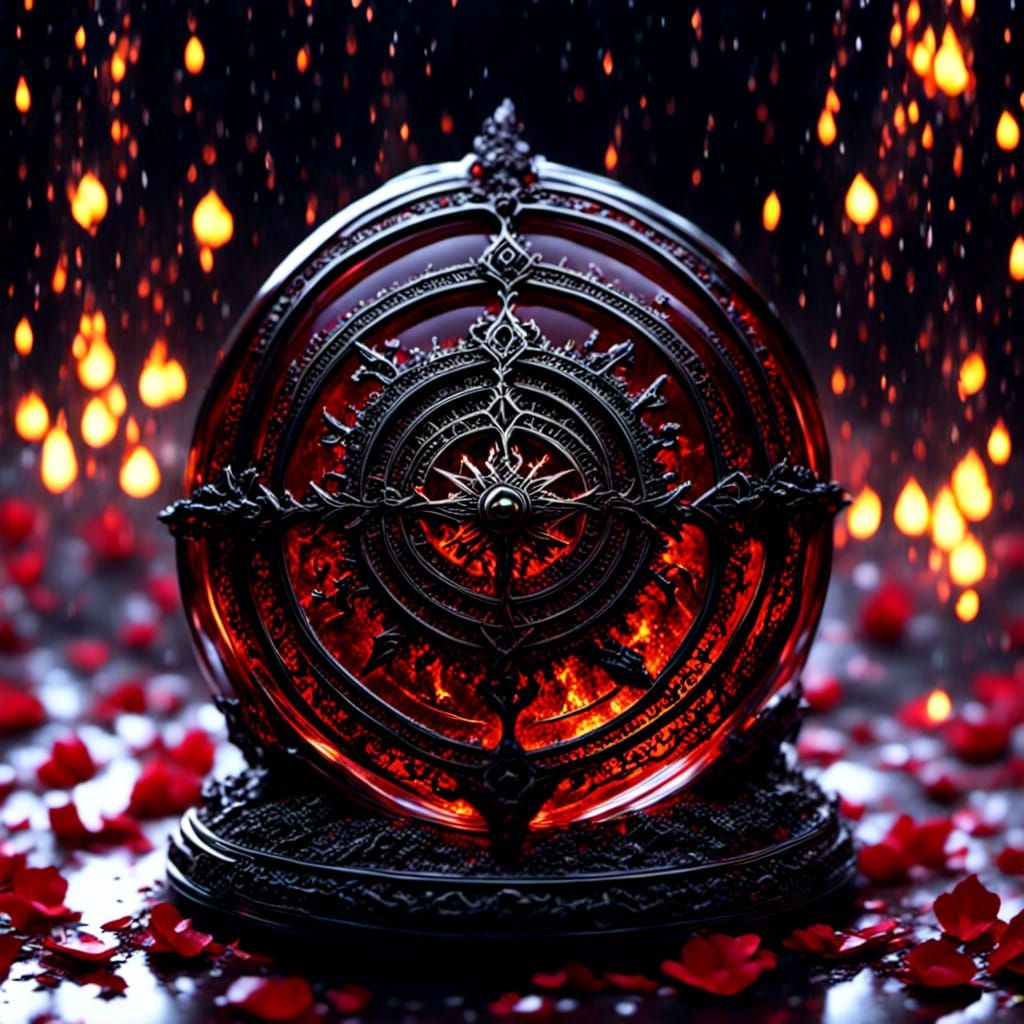 Obsidian Compass with Glowing Runes and Roses