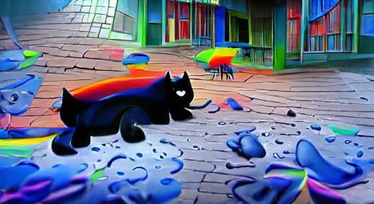 Cartoon cat on rainy street