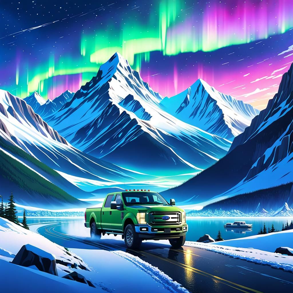 Artic expedition Ford F-250, snowcapped mountains in backgro...