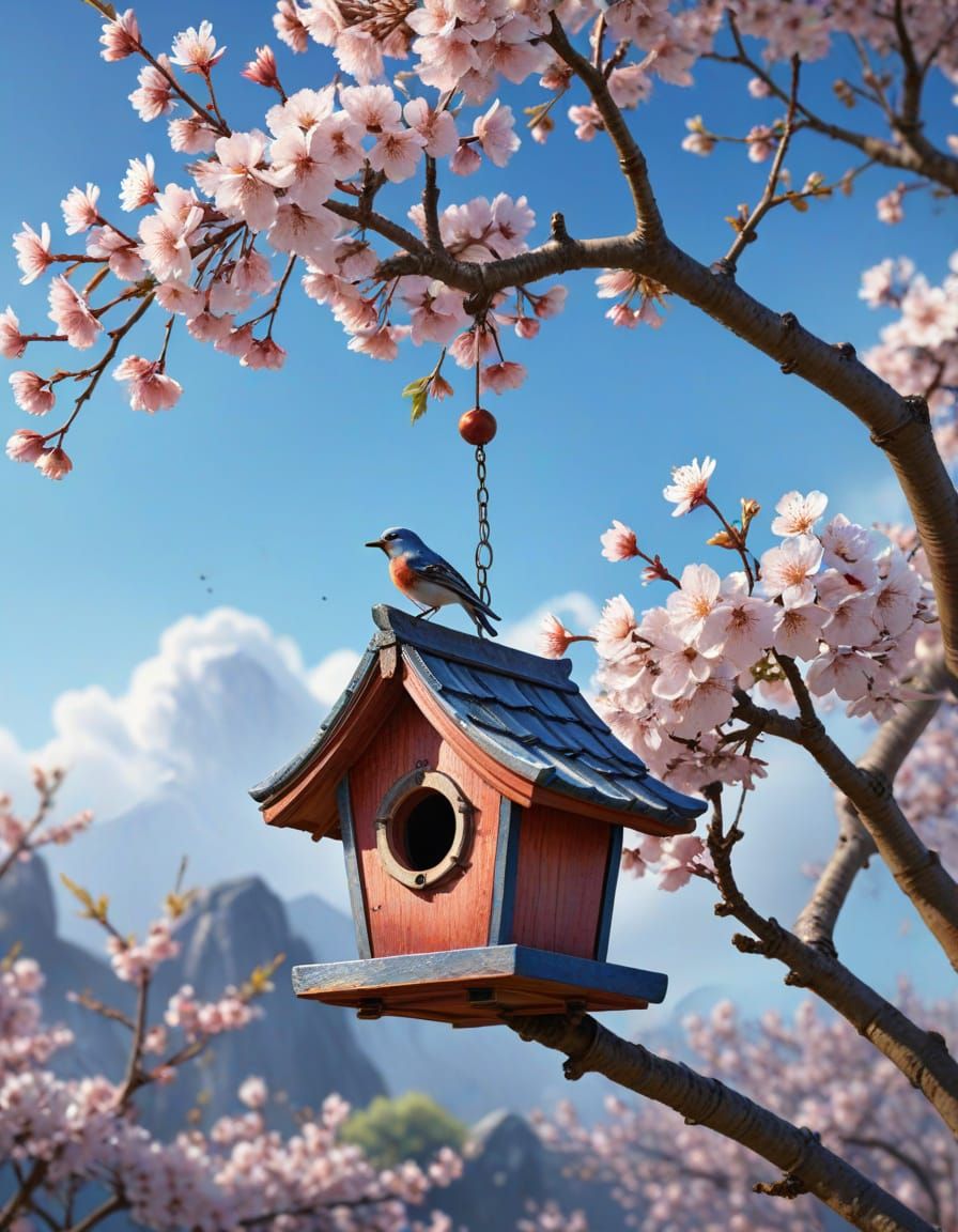 Birdhouse in a cherry tree - 3 likes  by @HecateWayne