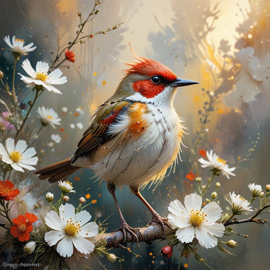 Red throat bird with on a white flower branch  by @Dreamer in Hell