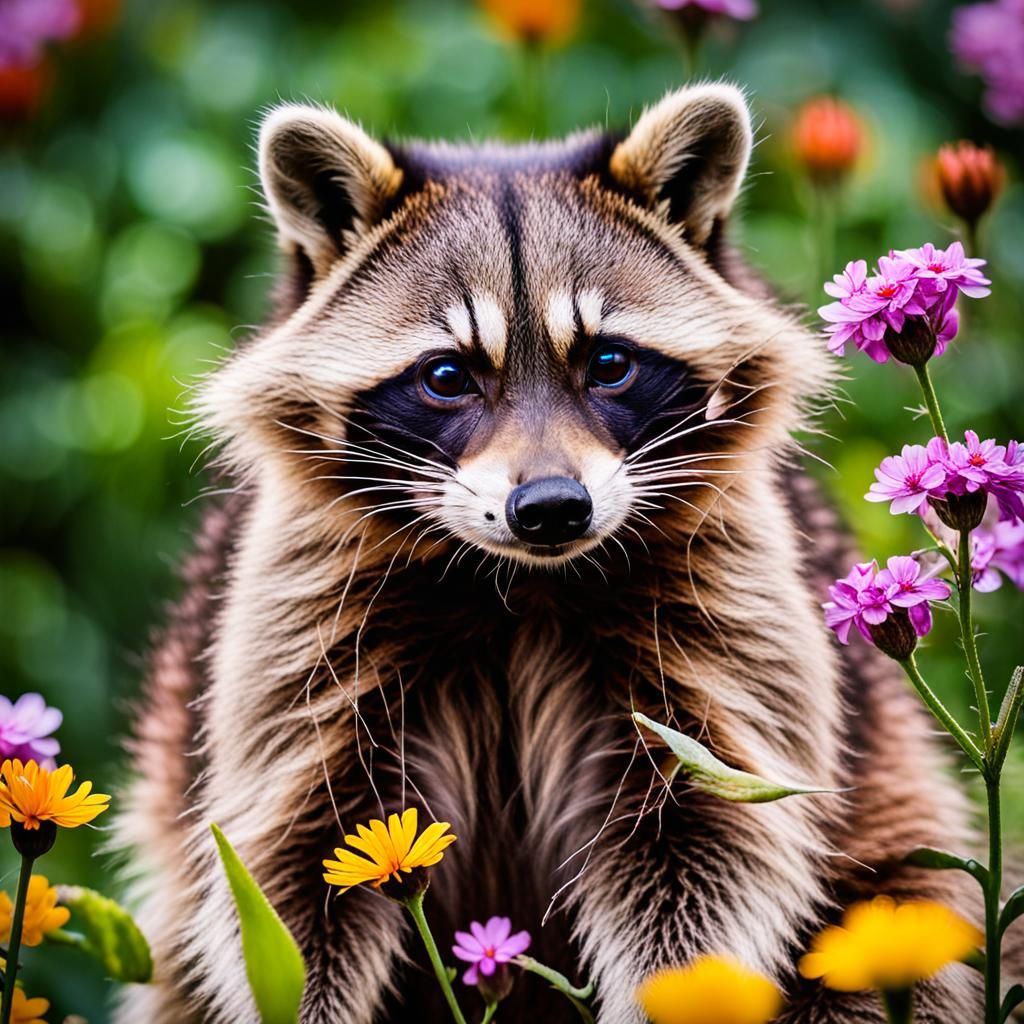 A racoon among flowers