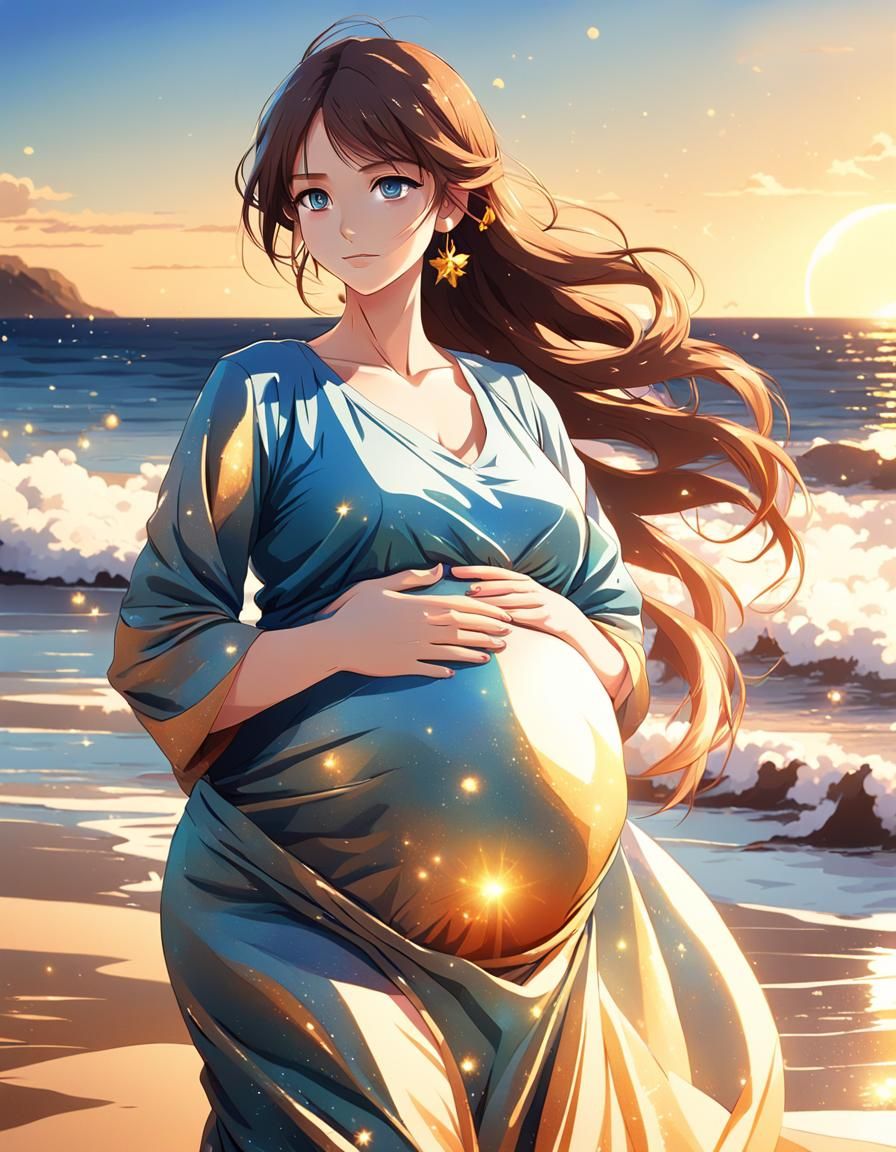 Pregnant Woman on Beach in Anime Style