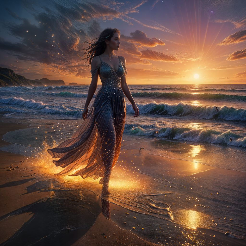 Surreal Twilight Beach Scene with Glowing Jewels