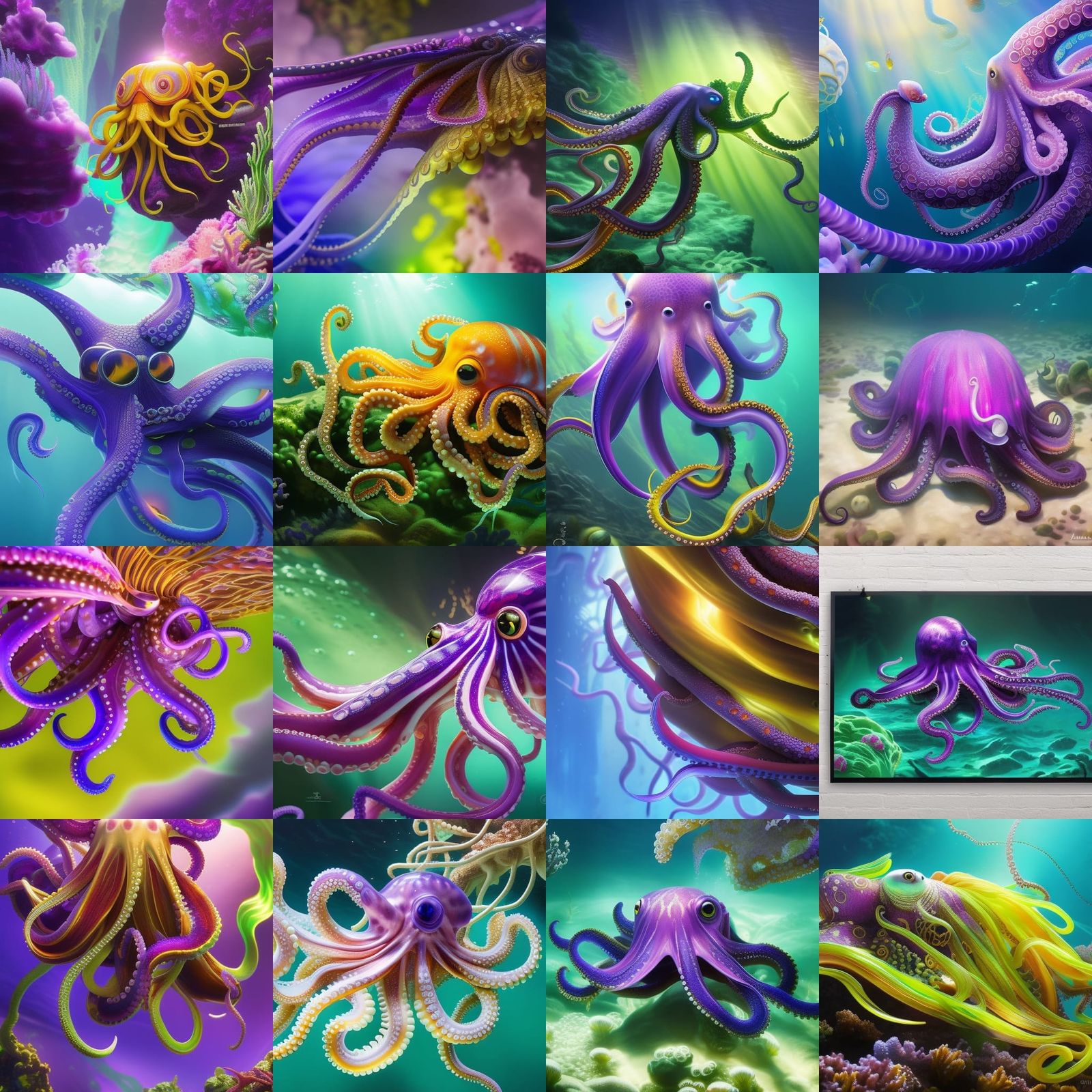 Octopus with flowing glowing latex skin, lavender white and ...