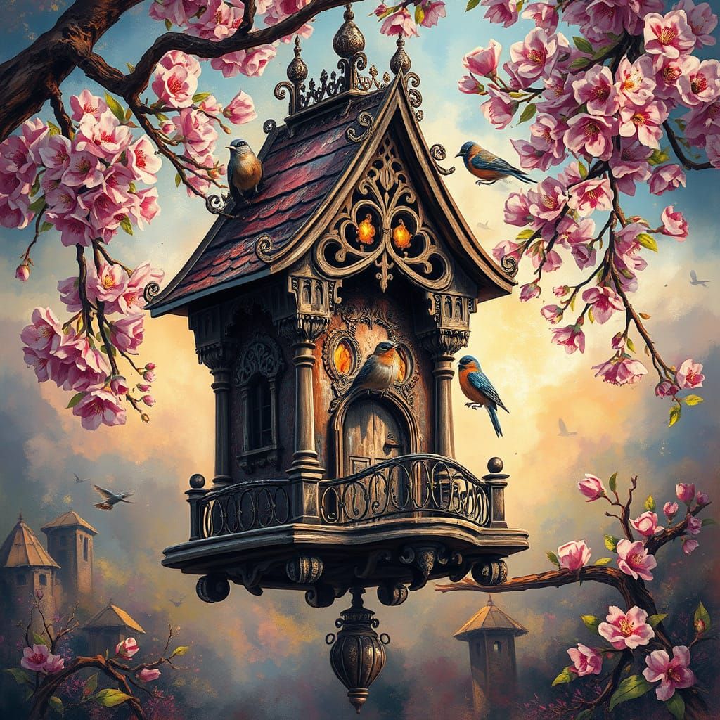 Une maison d'oiseaux en forme d'un beau et grand château fantaisie avec des oiseaux suspendue à une branche ...  by @Dom