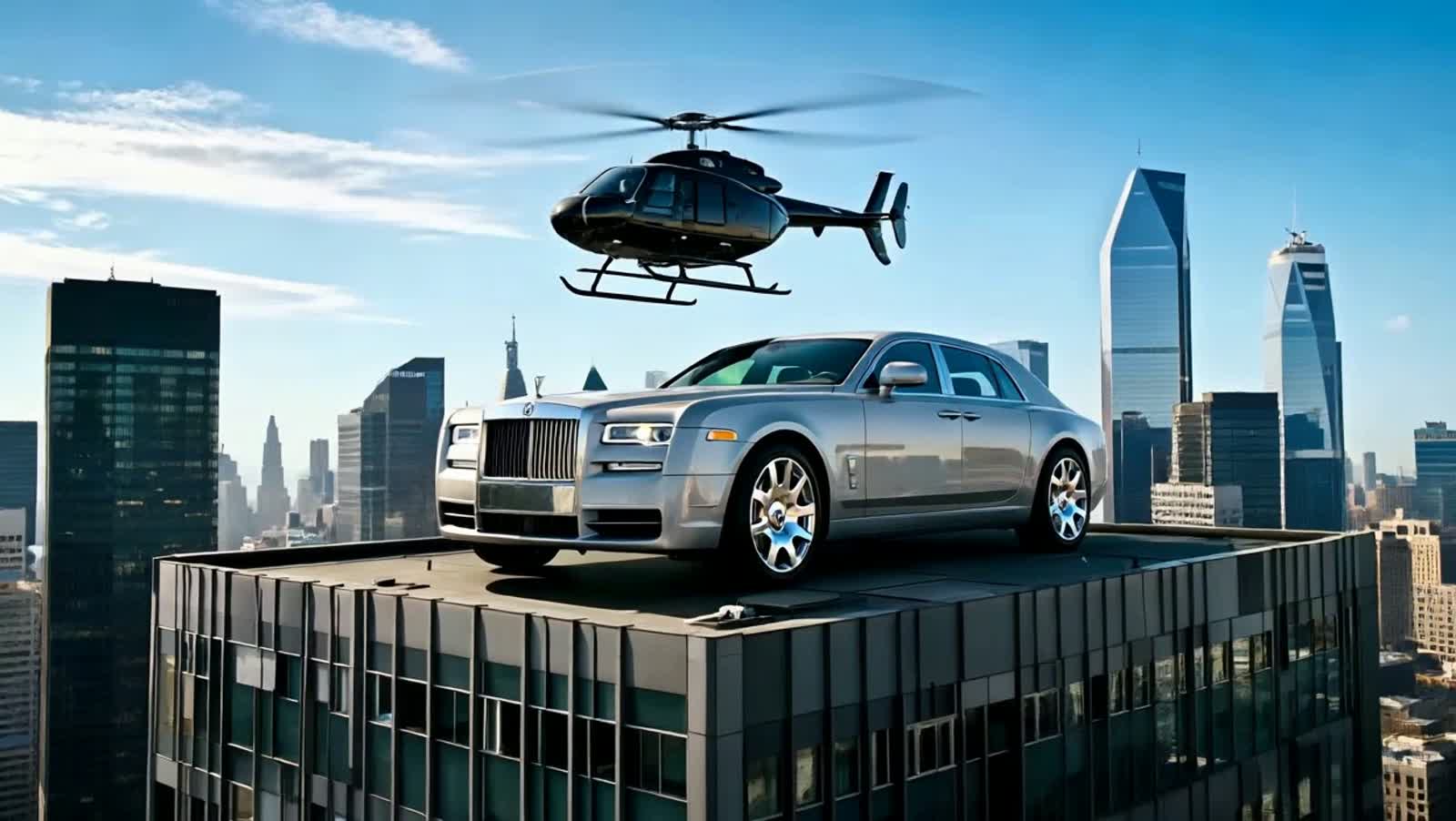 a skyraper on the top of it there is a helicopter and a rolls royce car