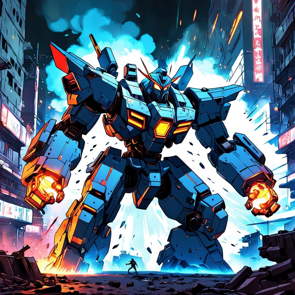 Cyberpunk Mecha Tank Battle in Dystopian Cityscape