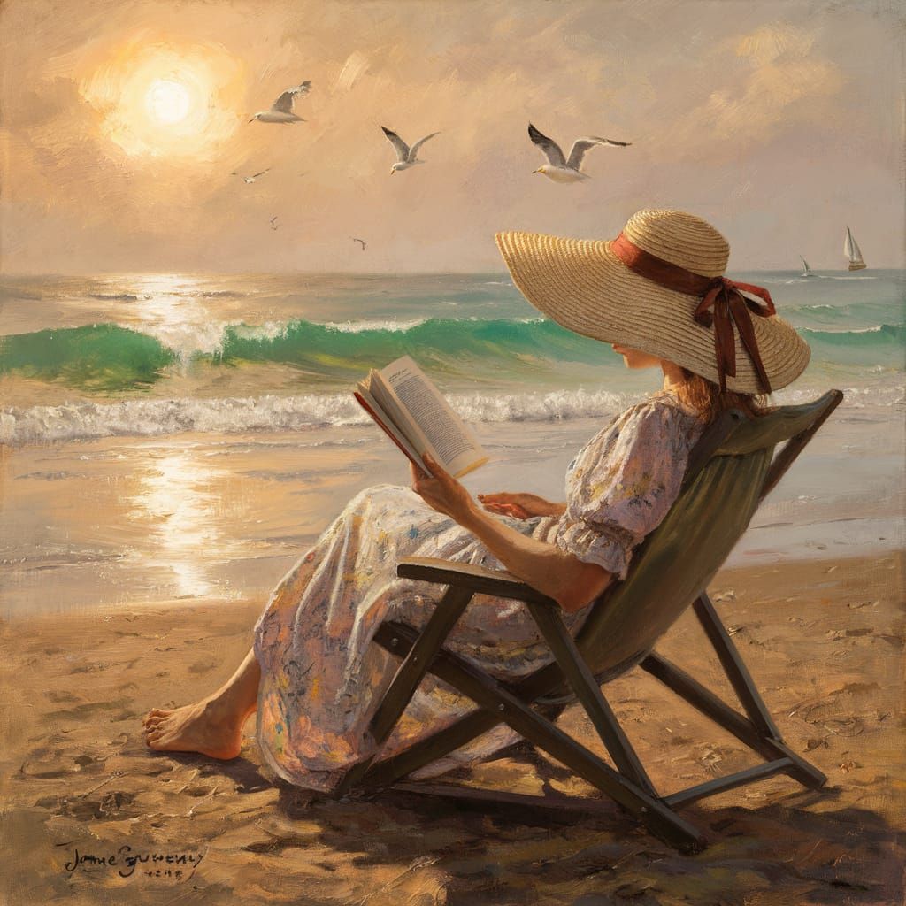reading at the beach, oil painting by James Gurney  by @Smaragda Eliadou
