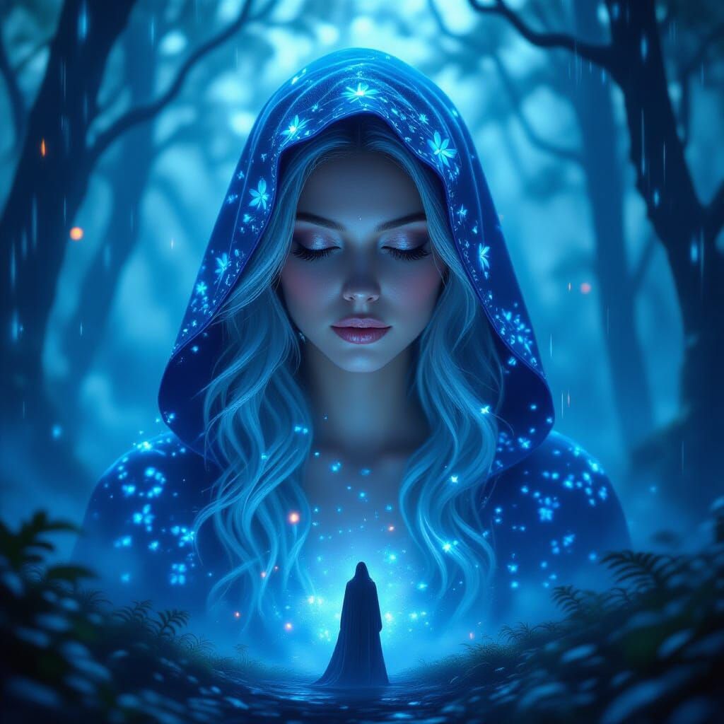 Double exposure A luminous forest drenched in ethereal mist, glowing with bioluminescent blues and soft rainfall. Inside the body of  a radi...