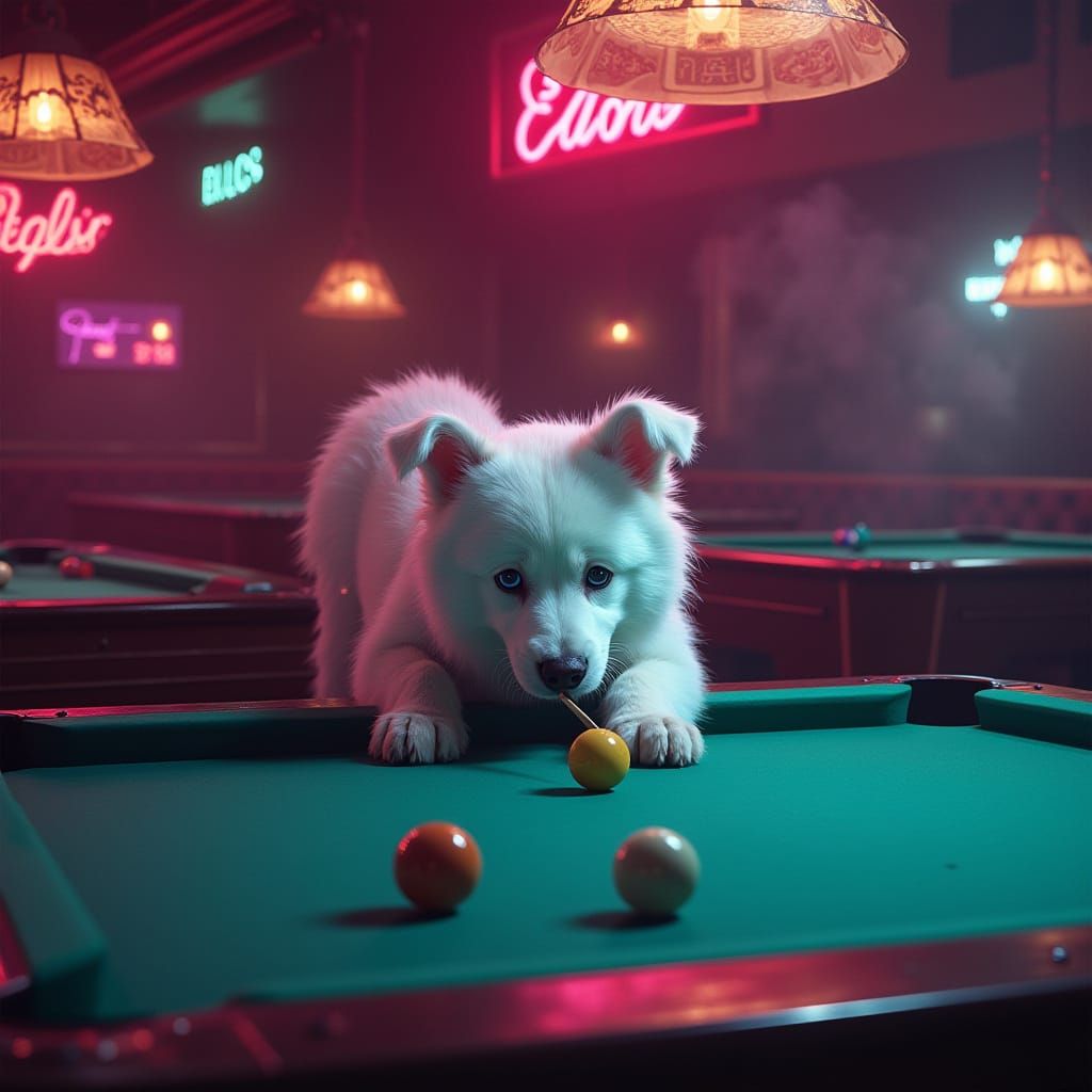 White Bolognese Dog Plays Pool in a Retro-Futuristic Billiar...