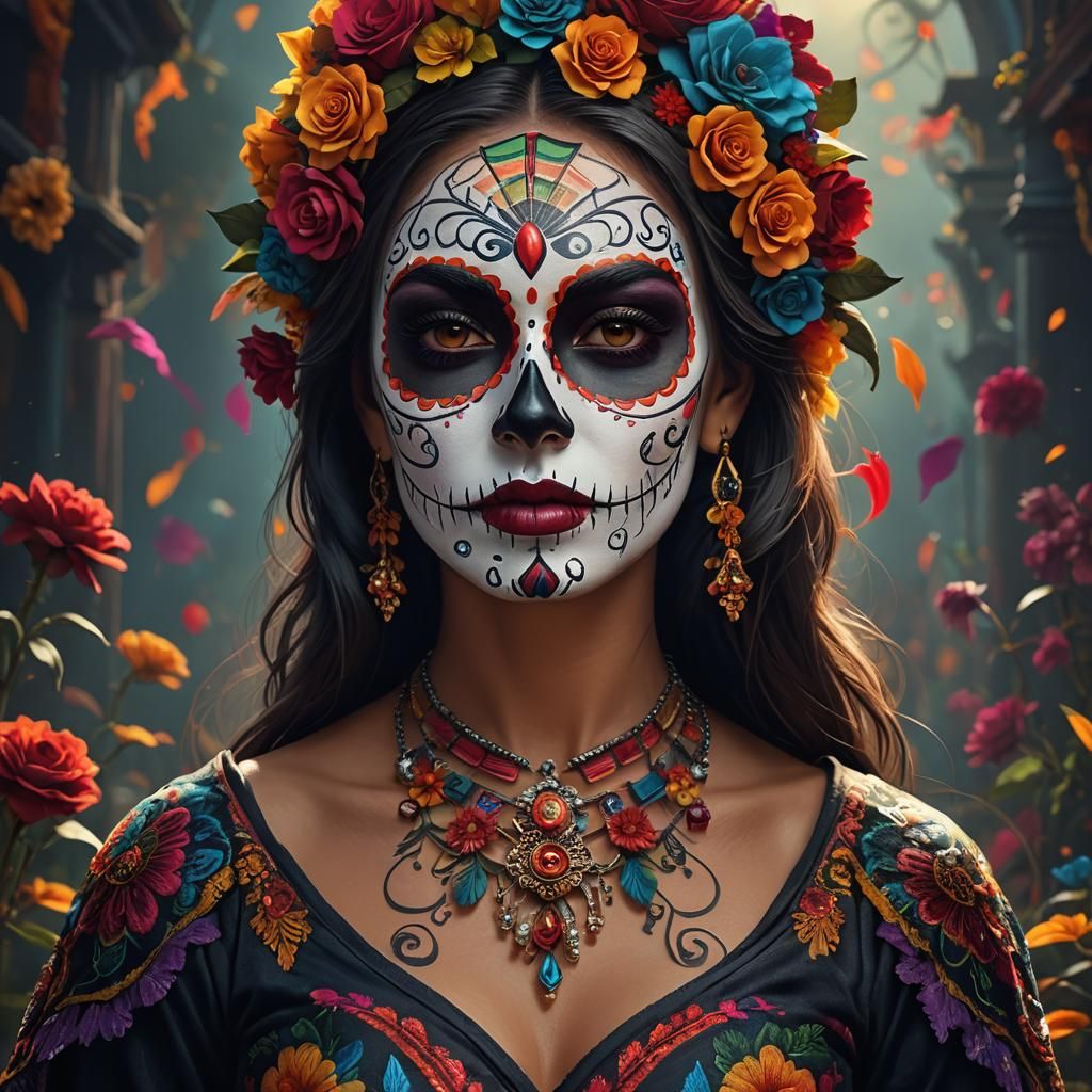 Medium shot of a beautiful woman wearing colorful Día de los Muertos ...