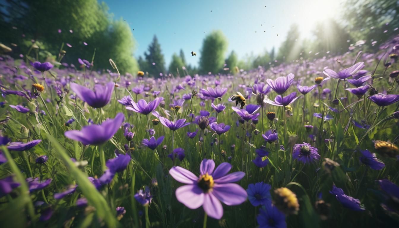 flowery meadow from a bee's perspective, colors limited to b...