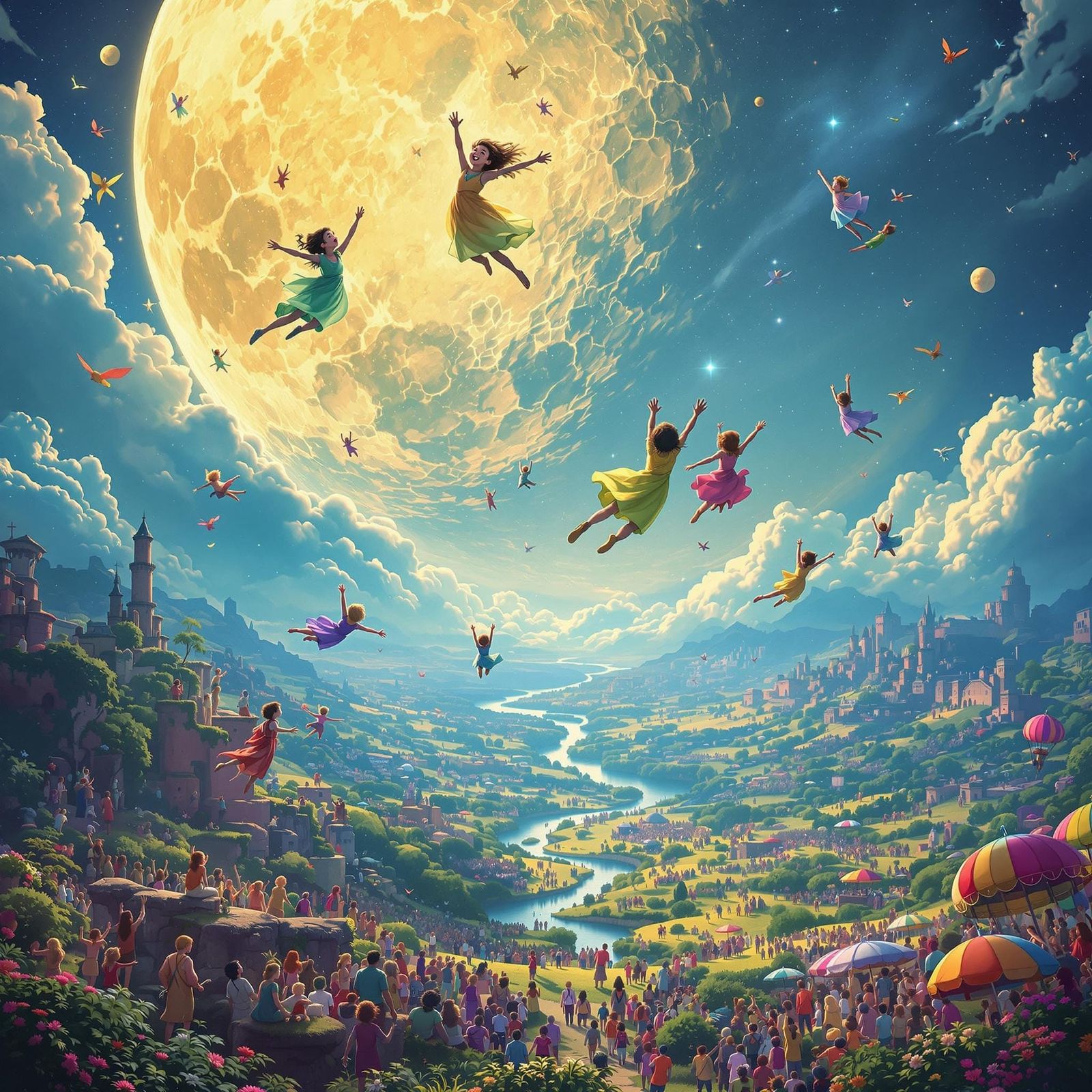 Celestial Children Wave Farewell to Luminous Moon