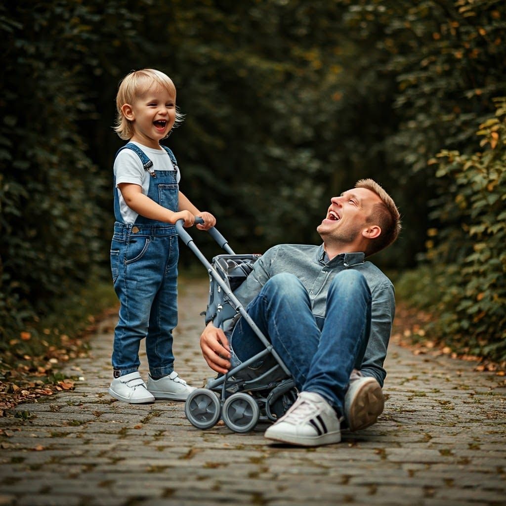 Toddler Pushes Dad in Stroller, Fantasy Concept Art