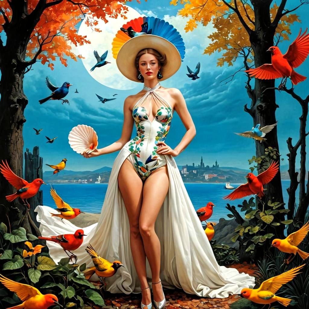 Ravishing Lady with Seashell in Surreal Landscape