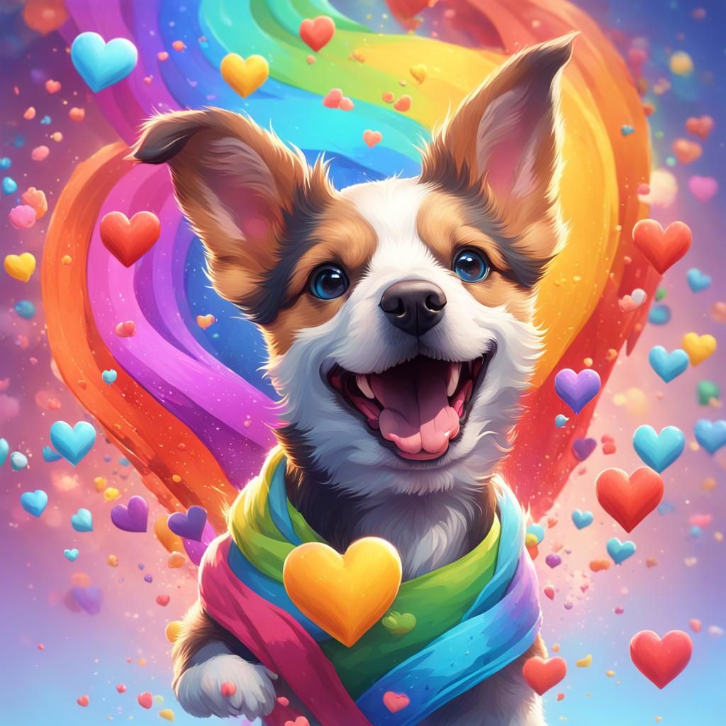 a cute puppy running on a rainbow and colorful hearts all ar...