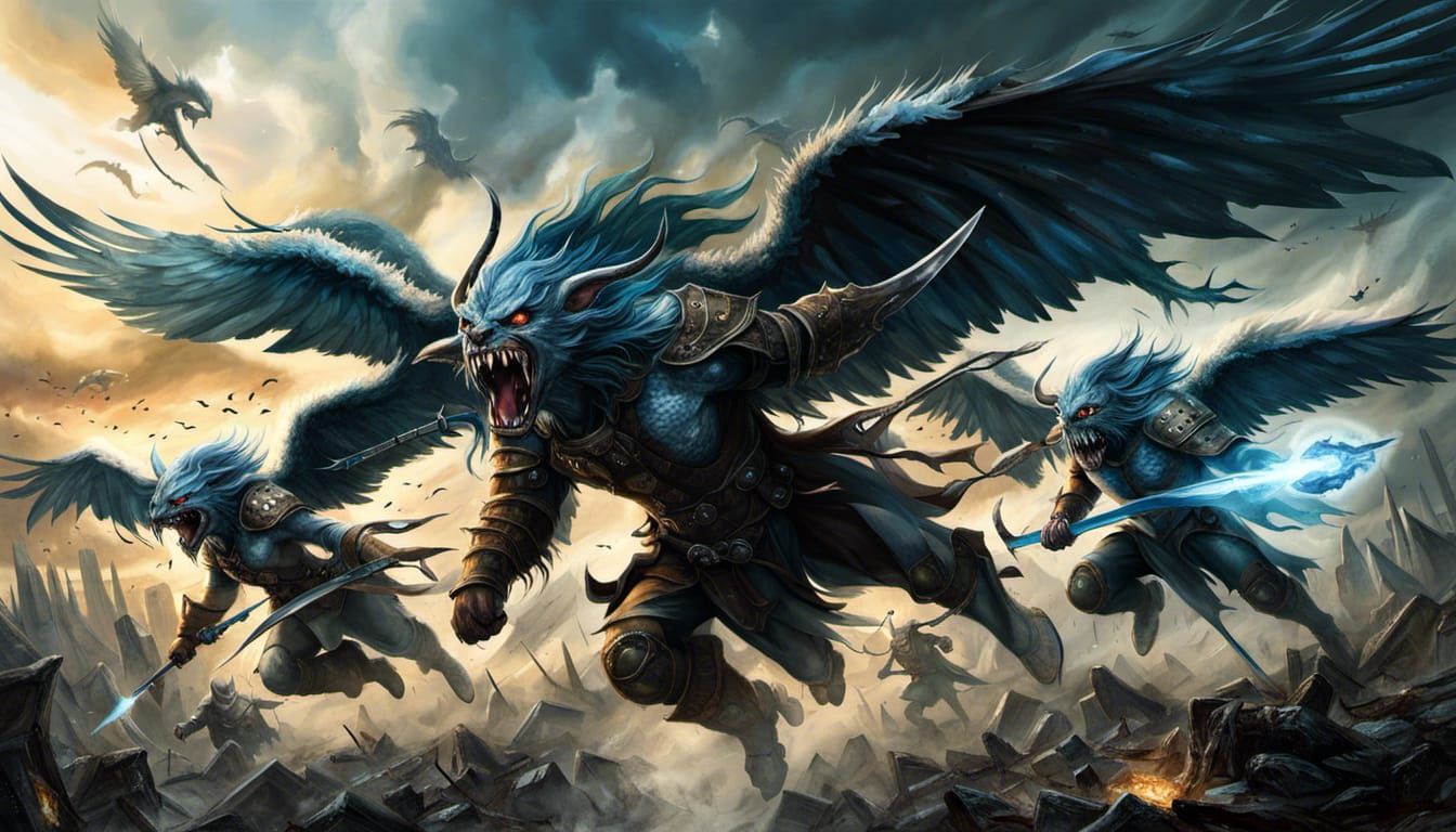 Flying Angel Warriors with two wings fighting flying blue-sk...