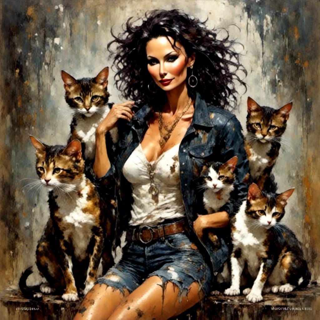 Expressionist Woman with Kittens on Chaise Lounge