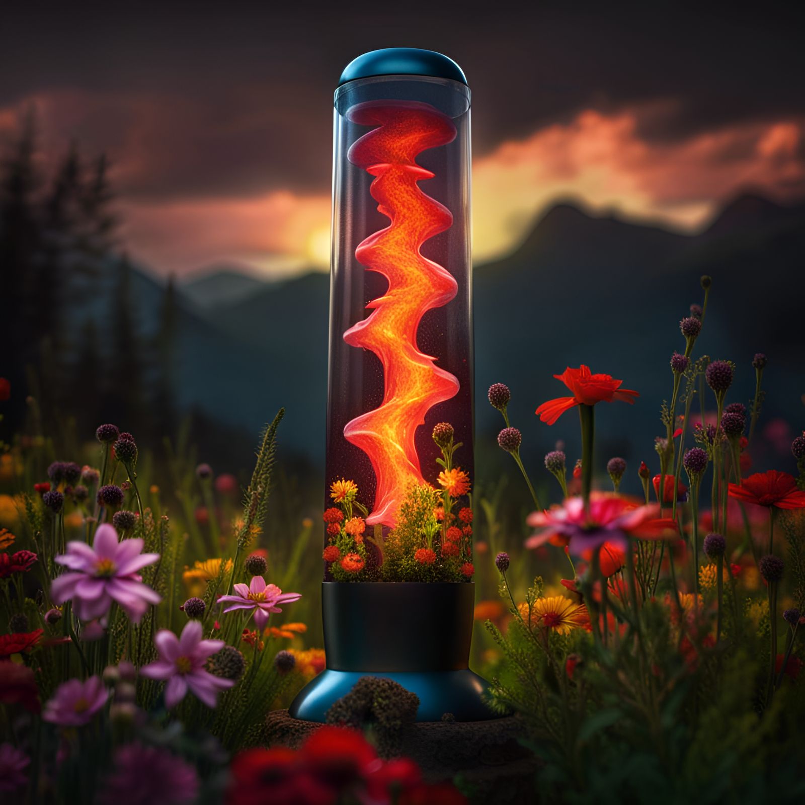 a large tall lava lamp with lightening and meadow with flowers intricate details, HDR, beautifully shot, ...  by @Patsy 