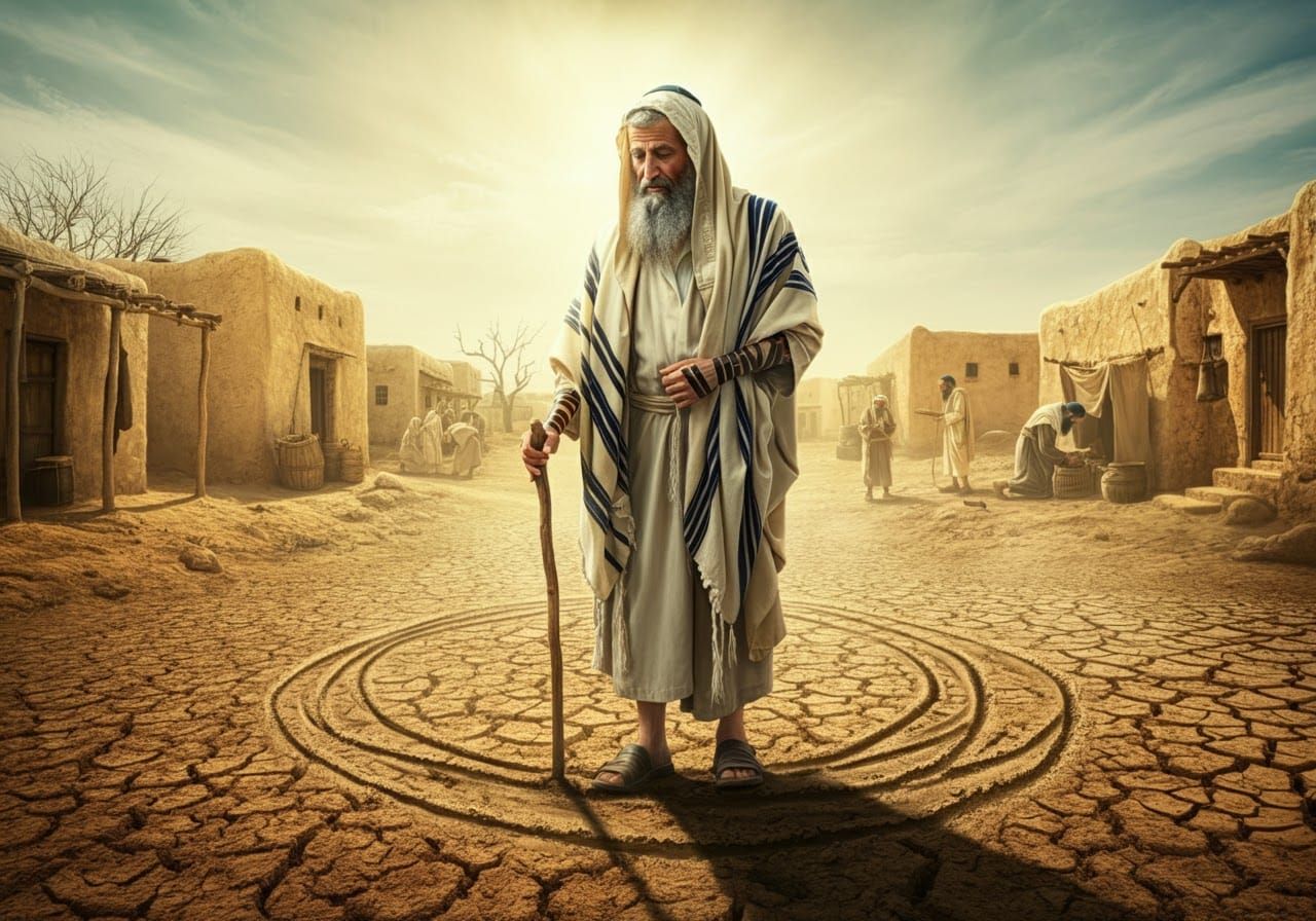 Ancient Jew Draws Circle in Parched Landscape