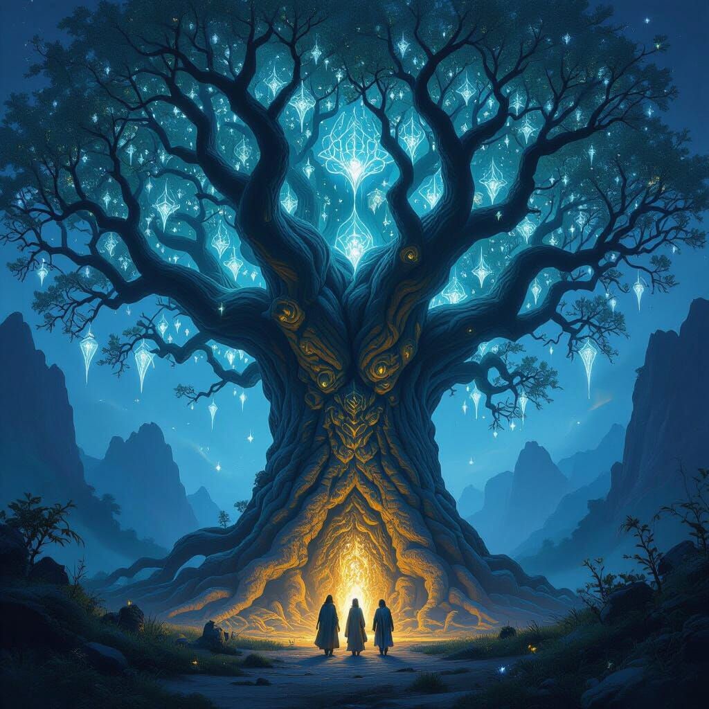 Colossal Tree Illuminates Dark Valley in Dreamlike Art