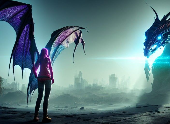 Girl in bio scarf, cyber dragon , cryengine, sunshine rays t...