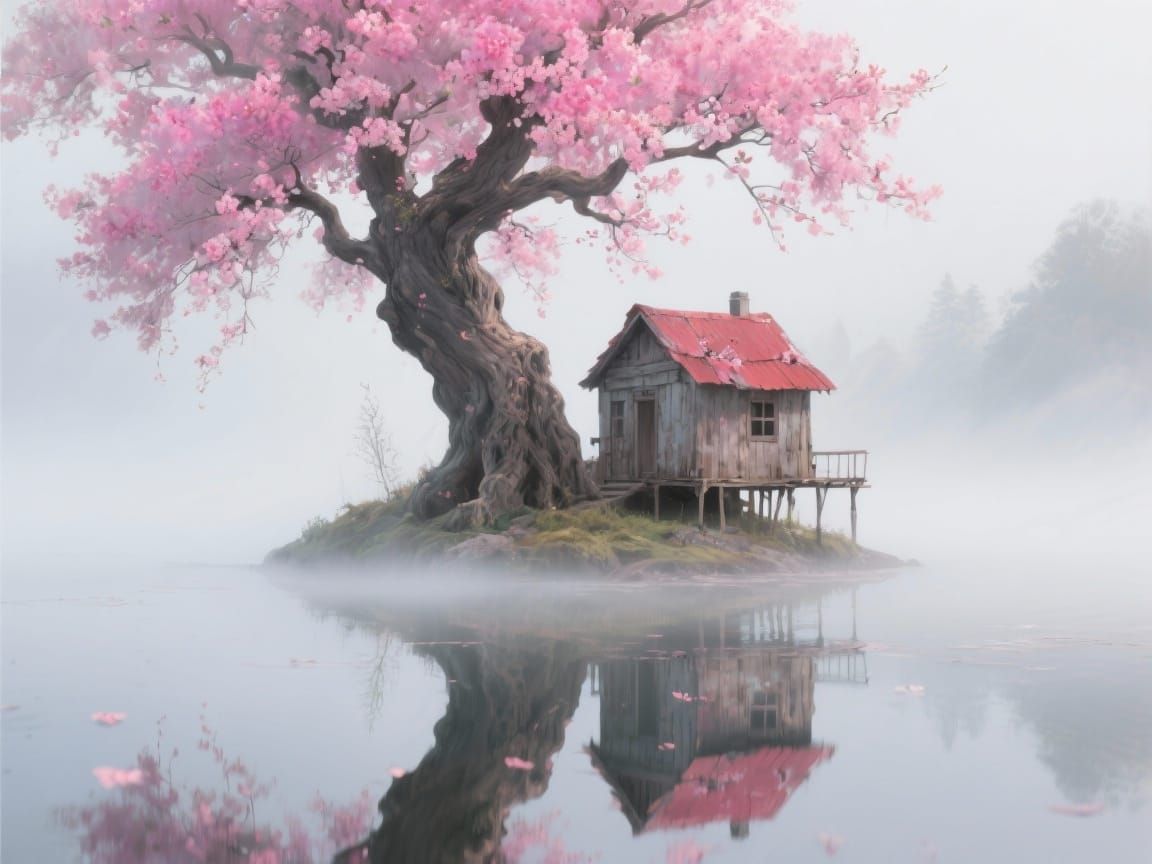 An ethereal digital painting capturing a scene of serene solitude. A gnarled, ancient tree with a canopy of vibrant, electric pink blossoms ...