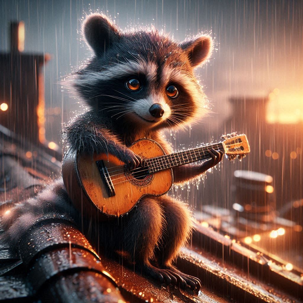 Rooftop Racoon playing Guitar in the Rain