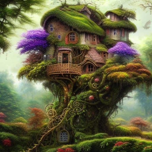 @toomanynates @mydarkling Whimsical Tree House - Ai Generated Artwork 