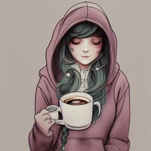 Girl with Coffee: Art Nouveau Anime Sketch