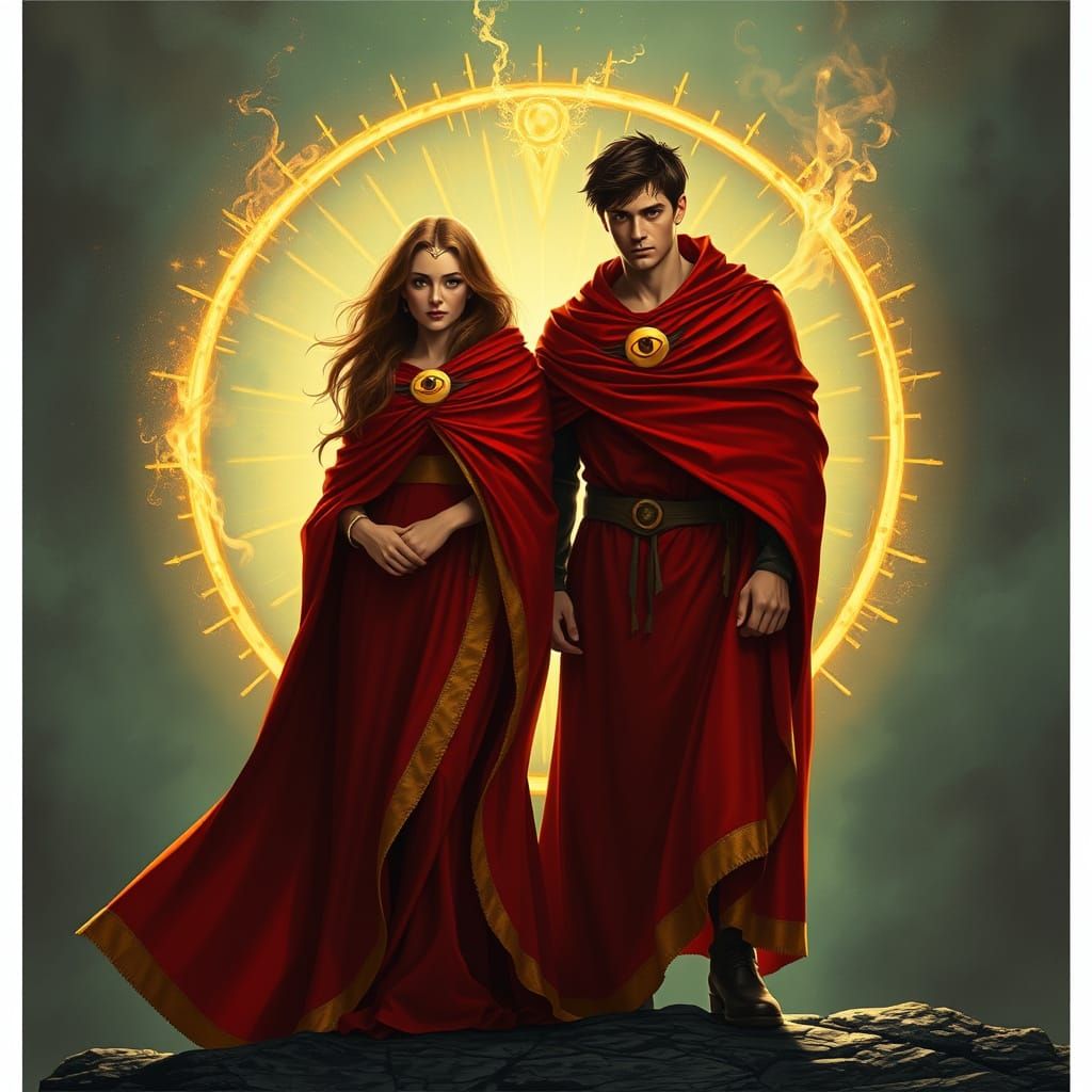 Crimson Cloaked Figures Before a Portal