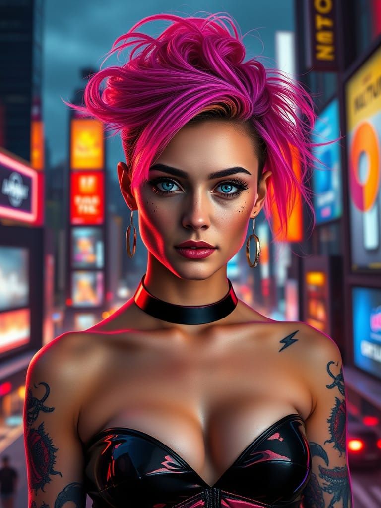 Cyberpunk Cityscape with Avant-Garde Woman in Neon