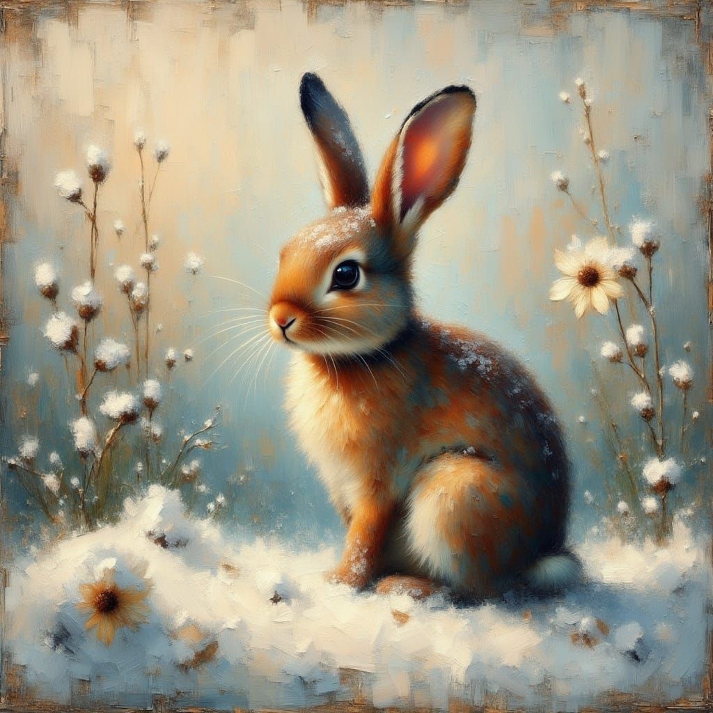 <lora:Grungy Impasto:1.0> cute adorable bunny in the snow grungy textured gritty acrylic oil Impasto Impasto oil in the style of Rembrandt G...