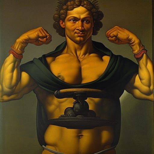 Self-Portrait of Young Albrecht Durer as a weightlifter, pai...