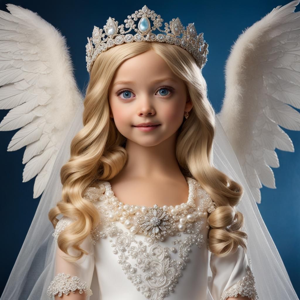 (Blonde angel dressed in ornate white pearled wedding dress ...