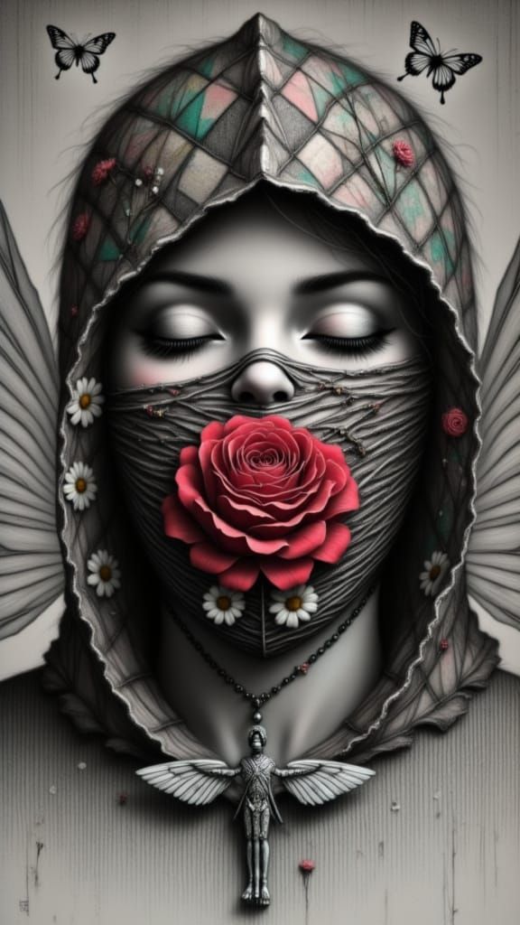 <lora:Pastel Patches:1.0>  Punk Faith,Create a black and white photogram-style  with geometric winged mode ,torn  paper collage inspired by ...