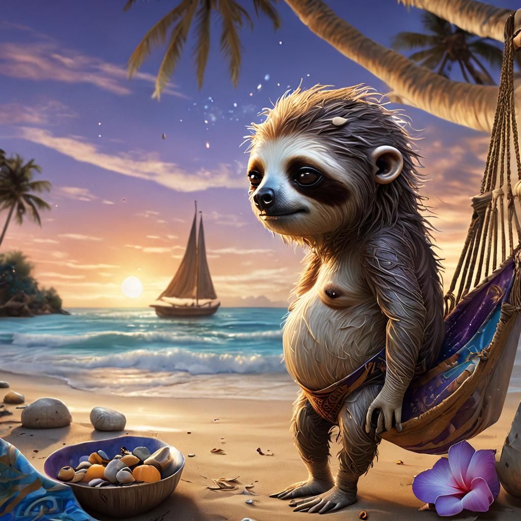 Vibrant Chibi Sloth Basks in Tropical Twilight