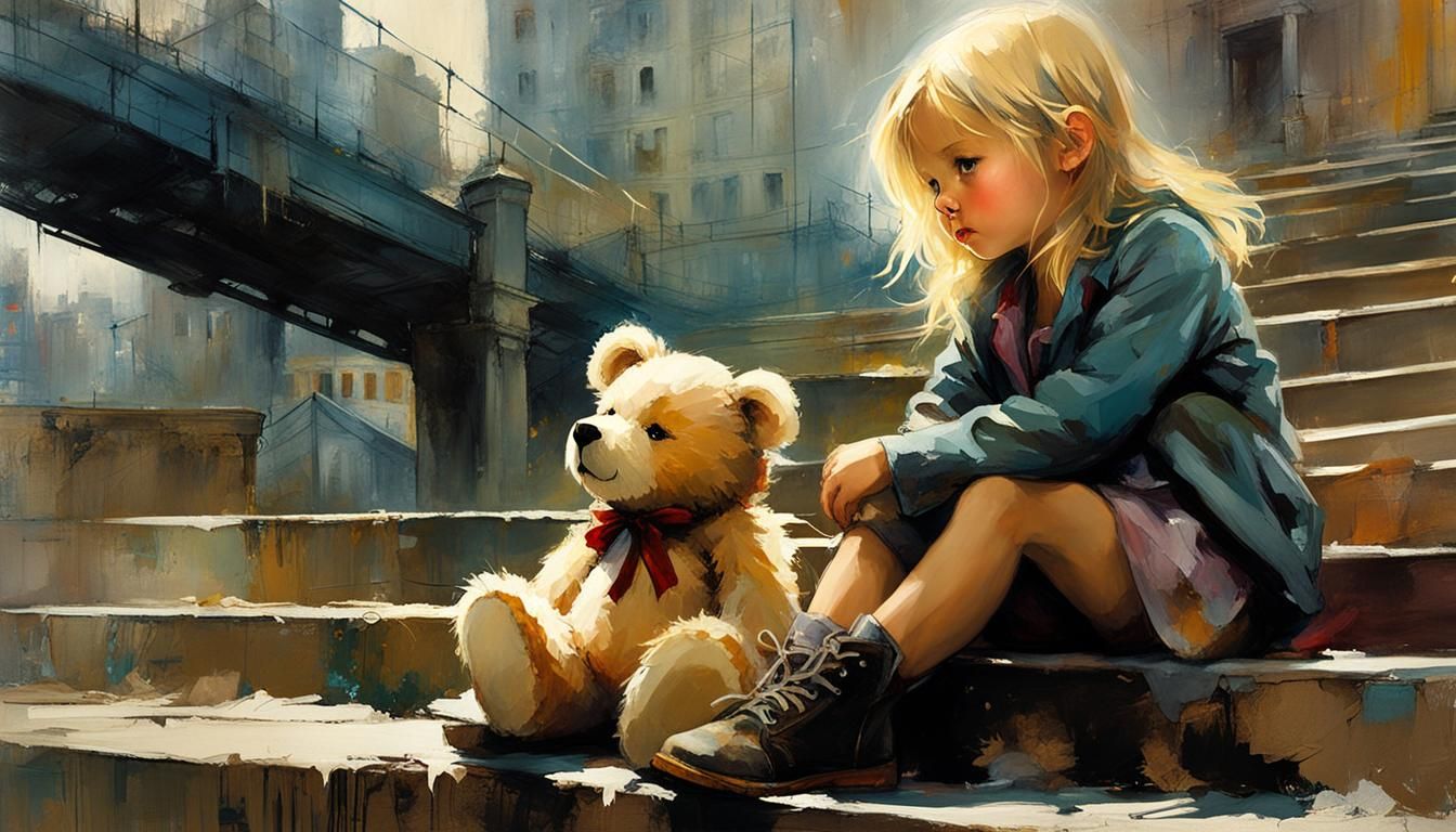 sad little orphan girl and her teddy  by @undefined