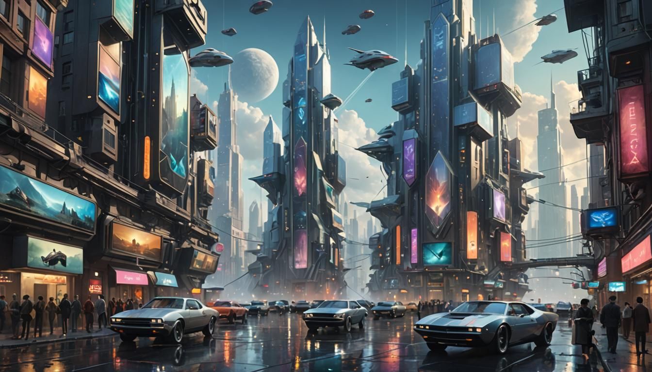 a retrofuturistic city built inside a prism. Cars fly around, there is ...