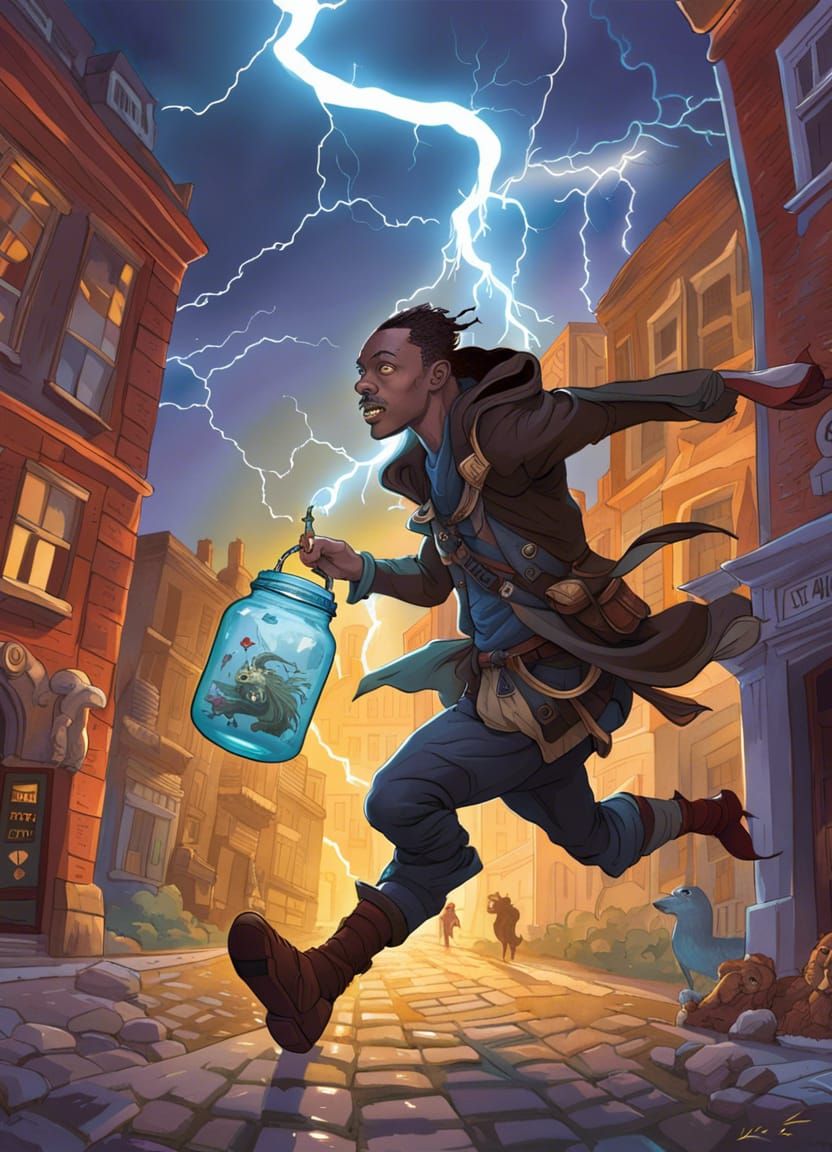 A thief with a jar stealing lightning, bolts of lightning st...