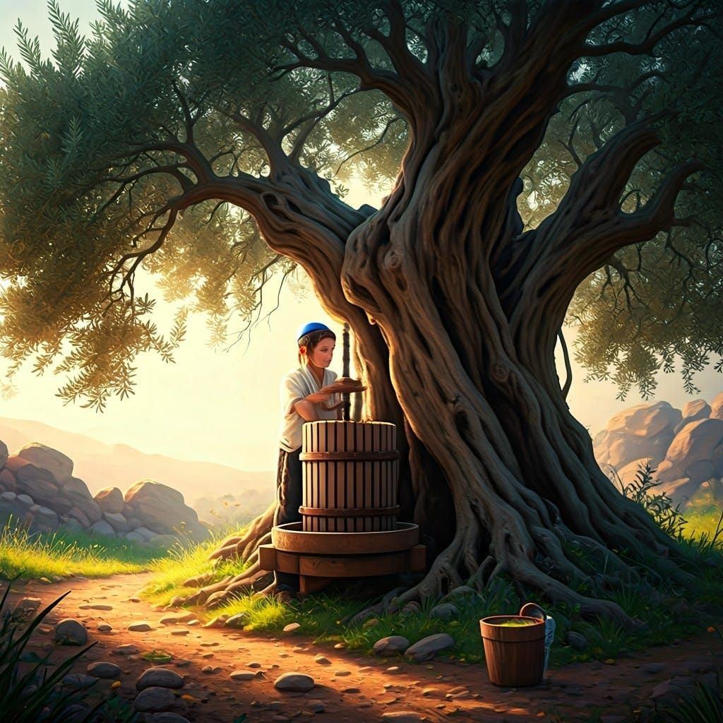 Young Chassidic Boy Amidst Majestic Olive Tree in Whimsical ...