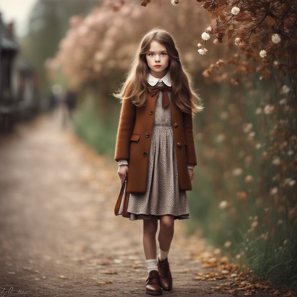 Girl in Flower Jacket Walks to School
